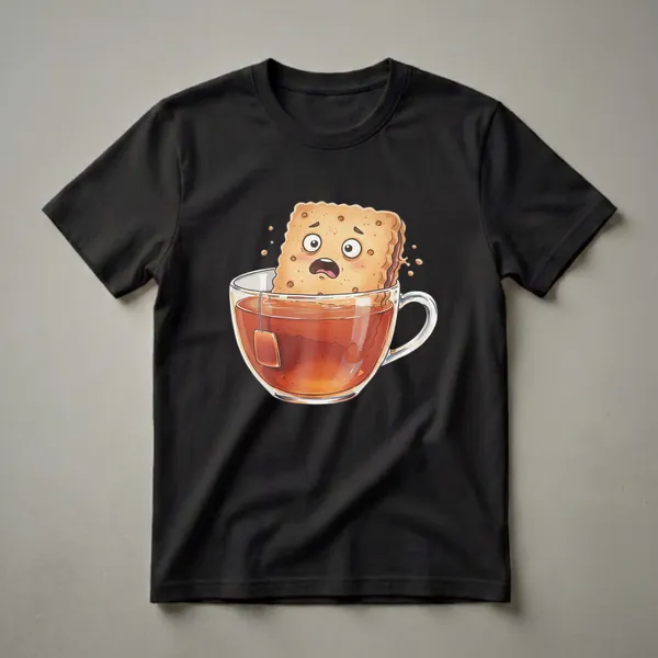 White t-shirt featuring a cartoon illustration of a scared biscuit sinking into a glass mug of tea with a tea bag tag.