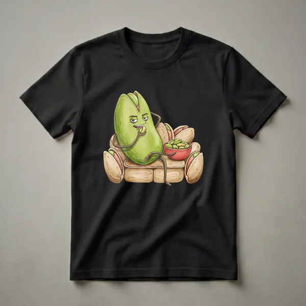 Green cartoon pistachio character lounging on a couch made of pistachios, holding a pistachio, with a bowl of shelled pistachios nearby. The shirt is black.