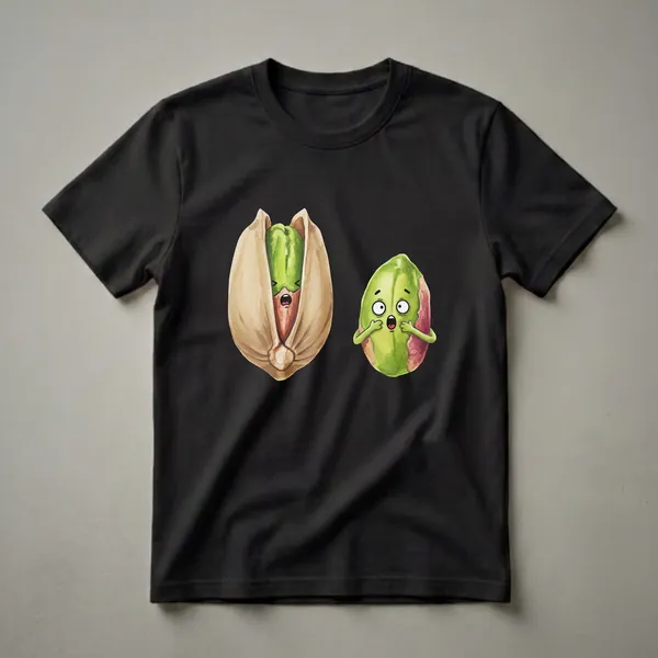 A graphic t-shirt featuring a watercolor illustration of two surprised-looking pistachios, one in its shell and one shelled, against a black background.