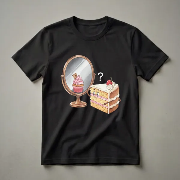 White t-shirt featuring a watercolor illustration of a slice of cake with a confused expression looking into a mirror at a cupcake, with a question mark above.