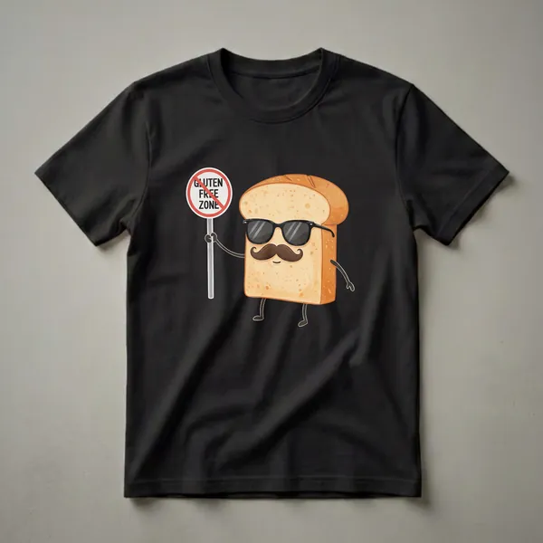 A cartoon slice of bread wearing black sunglasses and a brown mustache holds a white sign with a red circle and slash, reading 'Gluten Free Zone'. The shirt is black.