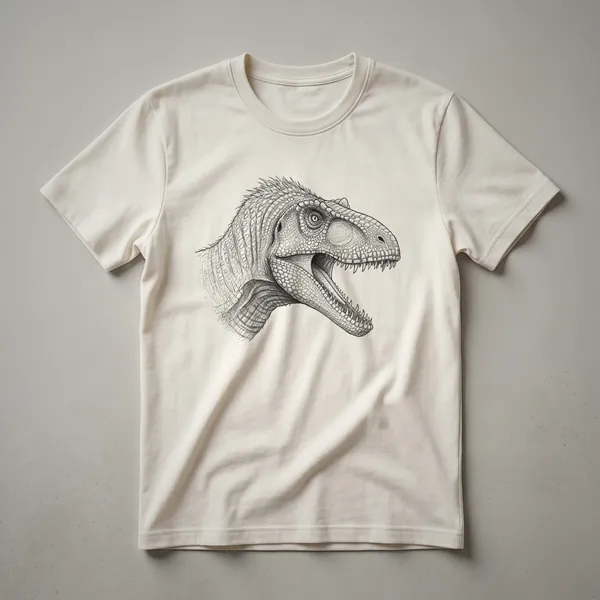 A vintage drawing of an Allosaurus dinosaur head on a black t-shirt, showcasing its sharp teeth and reptilian features.