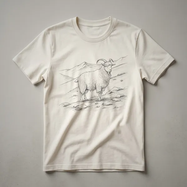 A vintage-style drawing of an Angora goat with long, curly fleece, printed on a white t-shirt.