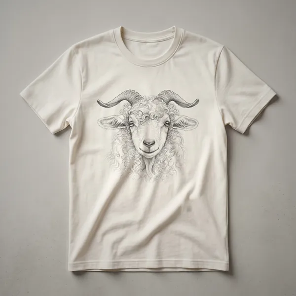 A white t-shirt featuring a black, hand-drawn sketch of an Angora goat's face with detailed fleece texture.