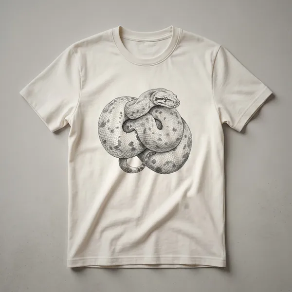 Black t-shirt with a vintage hand-drawn illustration of a coiled anaconda snake in white ink.