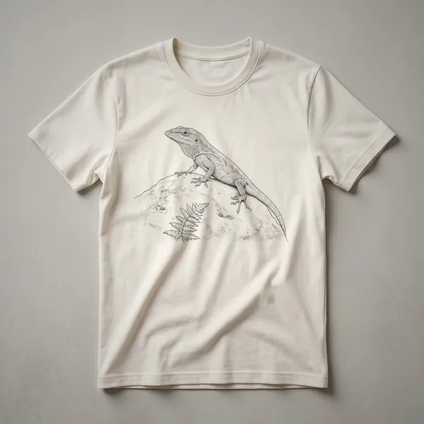 A black and white sketch of an anole lizard on a white t-shirt, showcasing its detailed form and texture.