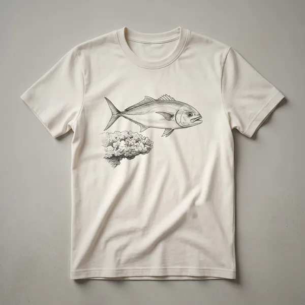 A vintage illustration of an amberjack fish, depicted in profile with its characteristic body shape and fins, printed on a t-shirt.