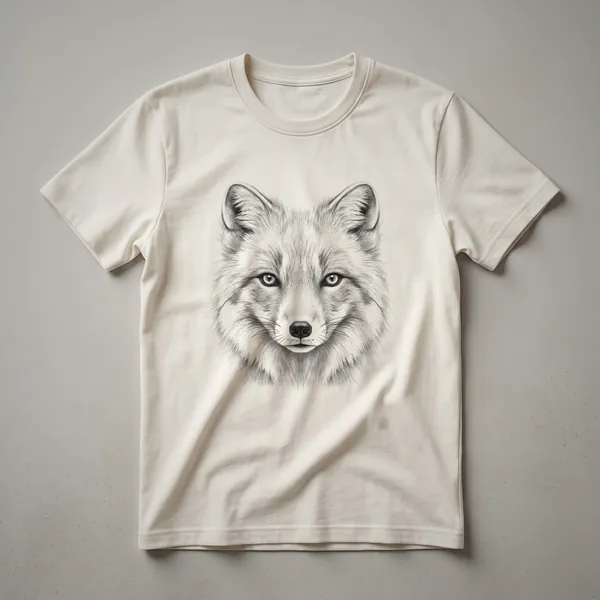 A white t-shirt featuring a vintage hand-drawn illustration of an arctic fox's face with detailed fur texture and piercing eyes.