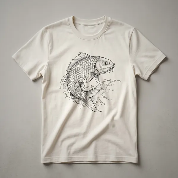 A white t-shirt with a vintage, hand-drawn illustration of an Asian Carp fish in black ink, centered on the chest.