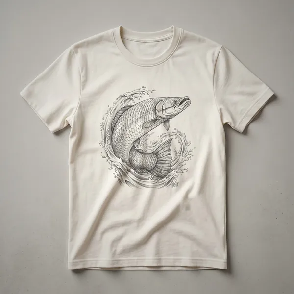 A white t-shirt featuring a vintage, hand-drawn illustration of a large Arapaima fish in profile, with subtle shading and line work.