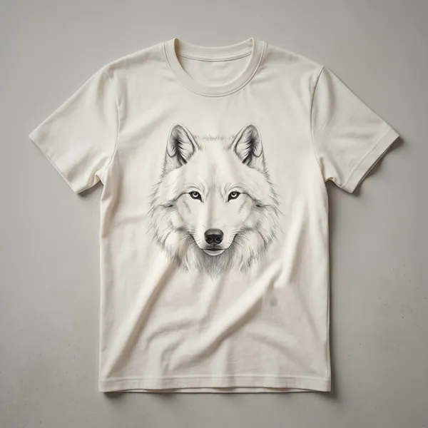 A white t-shirt with a vintage hand-drawn illustration of an arctic wolf's face in black and white.