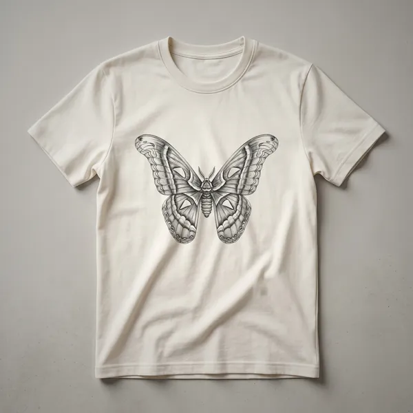 A vintage-style illustration of an Atlas moth with intricate wing patterns, printed on a white t-shirt.