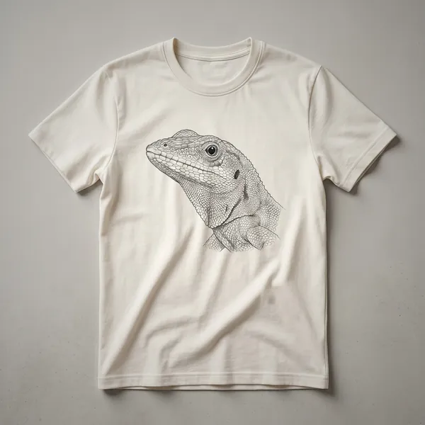 White graphic t-shirt featuring a detailed, hand-drawn illustration of an anole lizard's head in black ink.