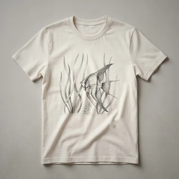 A white t-shirt featuring a vintage hand-drawn illustration of an angelfish with intricate details and a classic aesthetic.