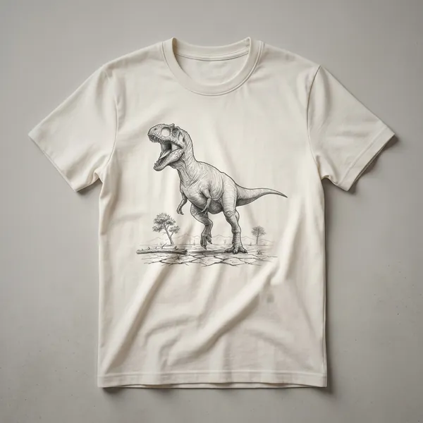 Black t-shirt with a vintage-style illustration of an Allosaurus dinosaur in profile, rendered in shades of grey and white.