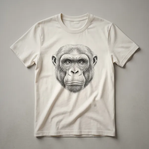 A black t-shirt with a vintage hand-drawn illustration of an ape's face in the center.