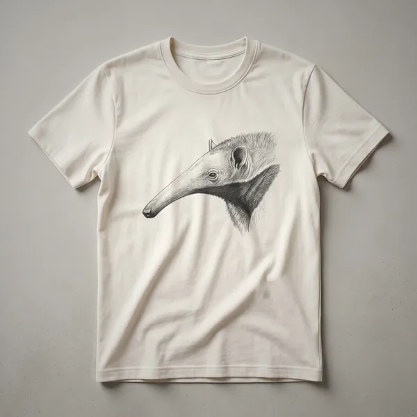 A white t-shirt featuring a vintage, hand-drawn illustration of an anteater's face in black and grey tones, with a distressed effect.
