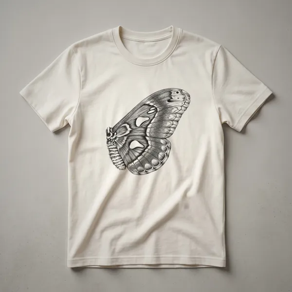 A black t-shirt with a vintage-style illustration of an Atlas moth wing in shades of brown and cream, featuring intricate patterns.