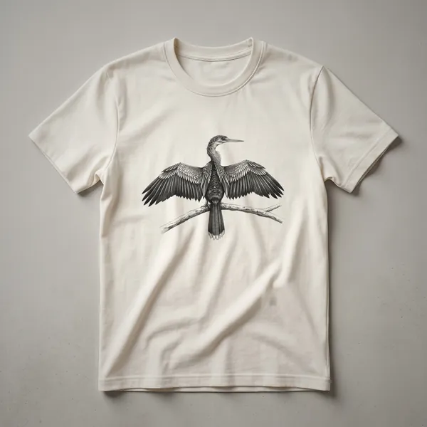 A white graphic t-shirt featuring a black and white hand-drawn illustration of an Anhinga bird in profile, showcasing its long neck and beak.