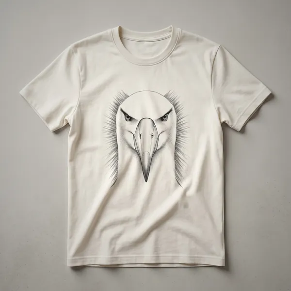 A vintage line drawing of an albatross's face is printed on a white t-shirt, showcasing its distinctive beak and eye.