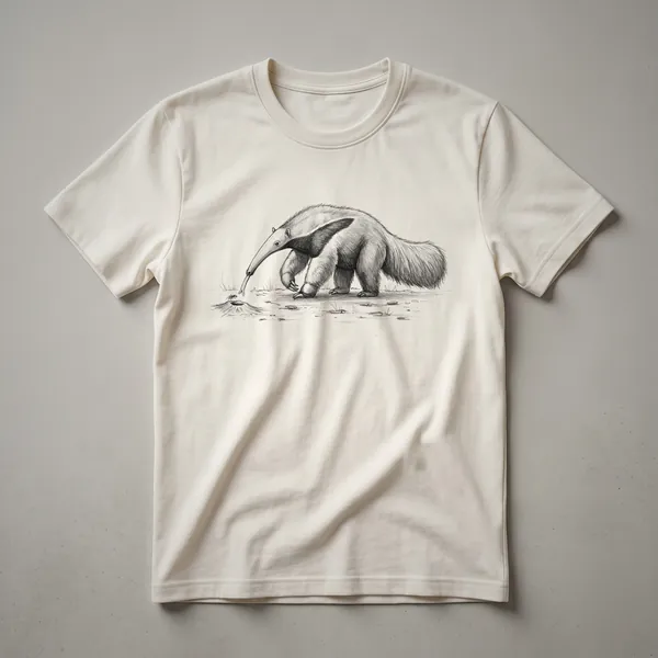 A black and white vintage line drawing of an anteater on a white t-shirt, showcasing its long snout and bushy tail.