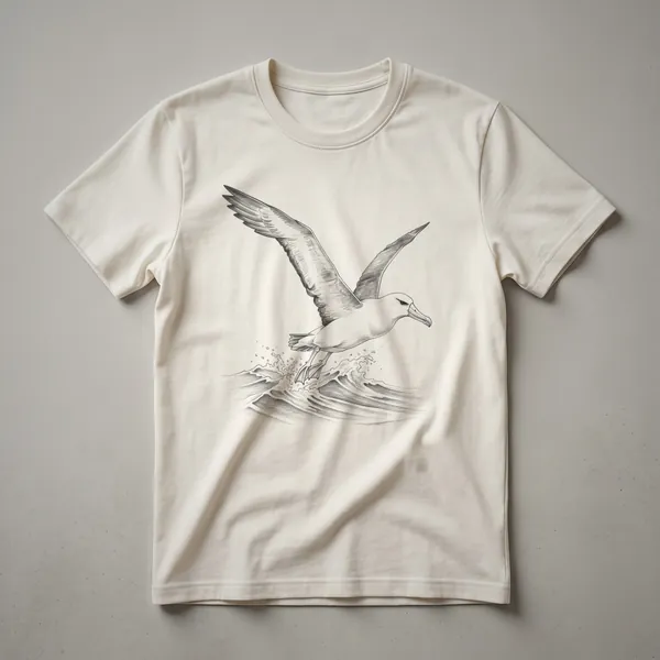 A vintage-style hand-drawn graphic of an albatross in flight is printed on a white t-shirt.