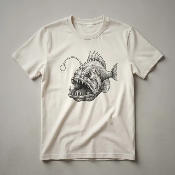 A vintage hand-drawn illustration of an anglerfish, depicted on a dark heather grey t-shirt, showcasing its unique features and bioluminescent lure.