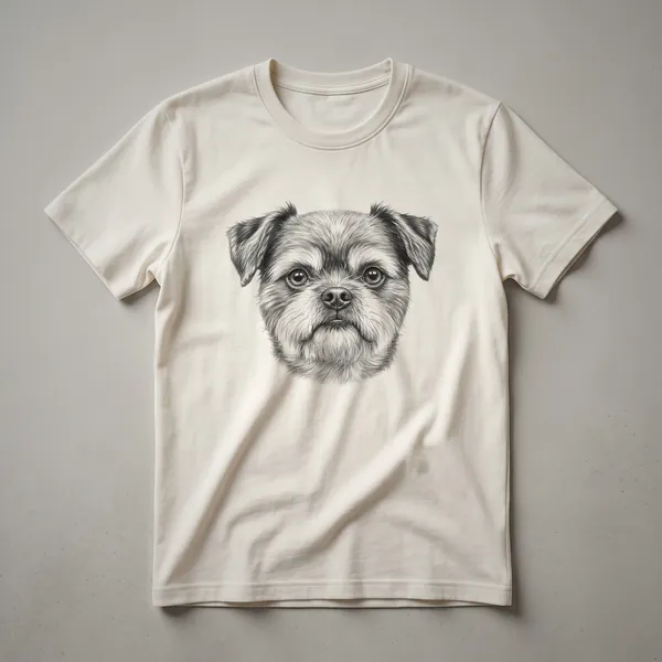 A black graphic t-shirt featuring a vintage hand-drawn sketch of an Affenpinscher dog's face, with detailed lines capturing its expression.