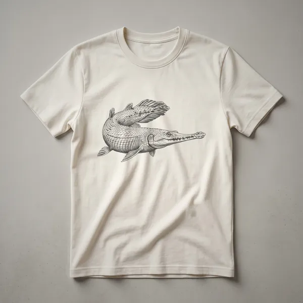 A vintage-style hand-drawn graphic of an alligator gar fish is printed on a white t-shirt.