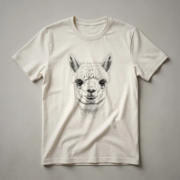 A vintage hand-drawn sketch of an alpaca's face on a white t-shirt, showcasing its gentle expression and detailed linework.
