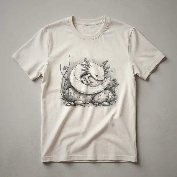 A white t-shirt with a vintage-style hand-drawn illustration of an axolotl, featuring its characteristic external gills and a retro aesthetic.