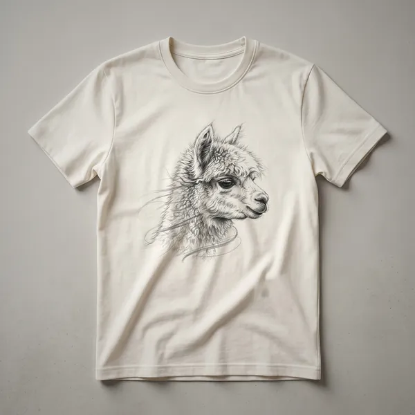 Black and white vintage sketch of an alpaca's head and neck, shown on a white t-shirt.