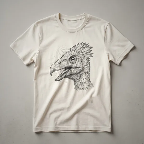 A black t-shirt featuring a vintage, hand-drawn illustration of an Archaeopteryx face in a detailed, artistic style.