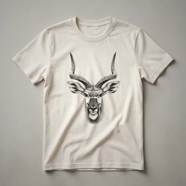 A black t-shirt featuring a vintage hand-drawn illustration of an antelope's face in a detailed, artistic style.
