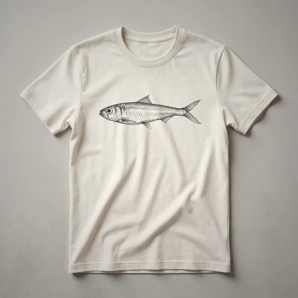 A vintage-style hand-drawn anchovy fish graphic printed on a white t-shirt, showcasing its detailed scales and fins.