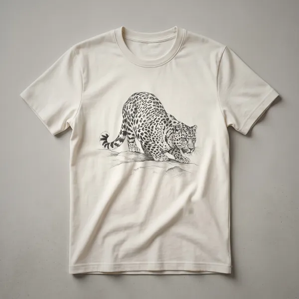 A black and white sketch of an Amur leopard's face is printed on the front of a black t-shirt.