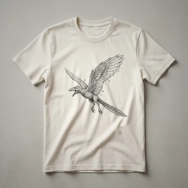 Black and white sketch of an Archaeopteryx bird-like dinosaur on a black t-shirt, showcasing its feathered wings and reptilian tail.