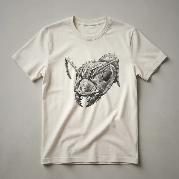 Black graphic t-shirt with a vintage hand-drawn illustration of an ant's head in white ink.