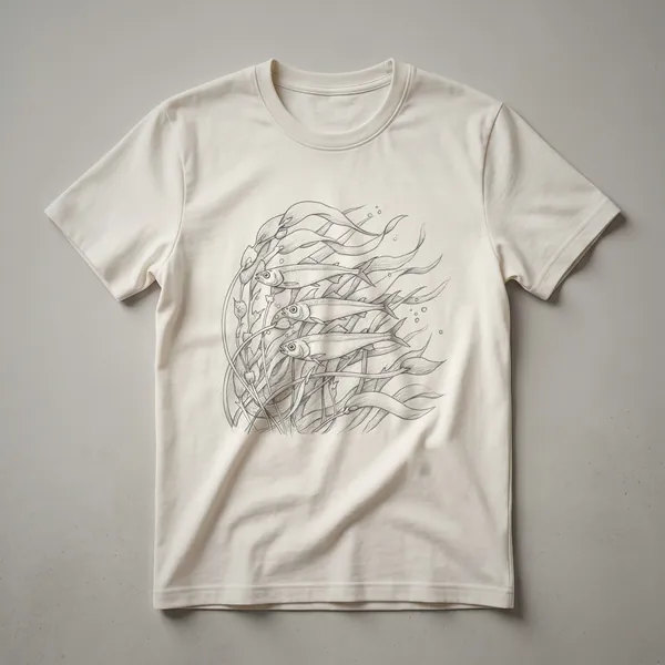 A white t-shirt featuring a vintage sketch art design of several anchovy fish swimming together.