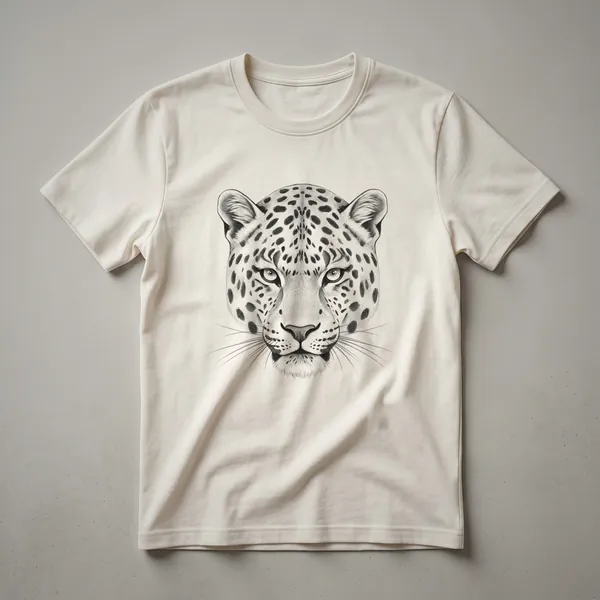 A vintage hand-drawn illustration of an Amur leopard's face, centered on a white t-shirt.