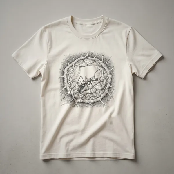 A black and white sketch of ants in a naturalistic scene, printed on a dark heather grey t-shirt.