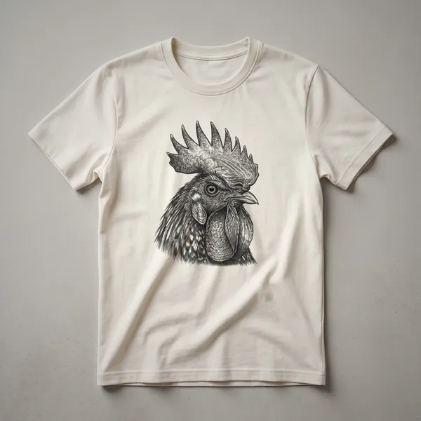 Black Ayam Cemani chicken face t-shirt with a vintage hand-drawn art design, featuring intricate linework.