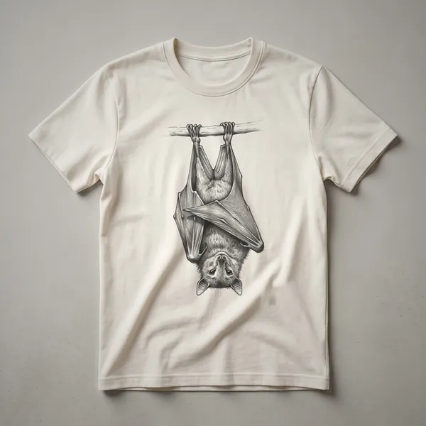 A vintage-style graphic t-shirt featuring a detailed drawing of a bat in flight, rendered in black and white.