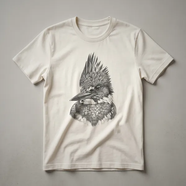 A vintage-style graphic t-shirt featuring a hand-drawn illustration of a belted kingfisher's face, depicted with intricate detail and a classic artistic flair.