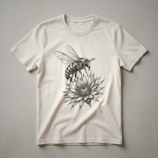 White graphic t-shirt with a vintage hand-drawn illustration of a bee on a flower, featuring black and brown linework.
