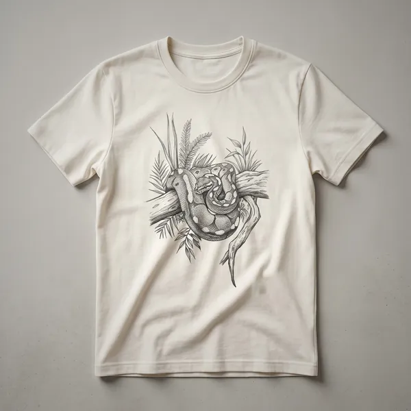 A vintage hand-drawn illustration of a coiled ball python snake on a plain background, featured on a graphic t-shirt.