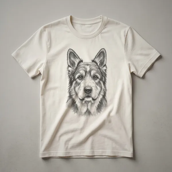 A vintage hand-drawn illustration of a Berger Picard dog's face is printed on the front of a white t-shirt.