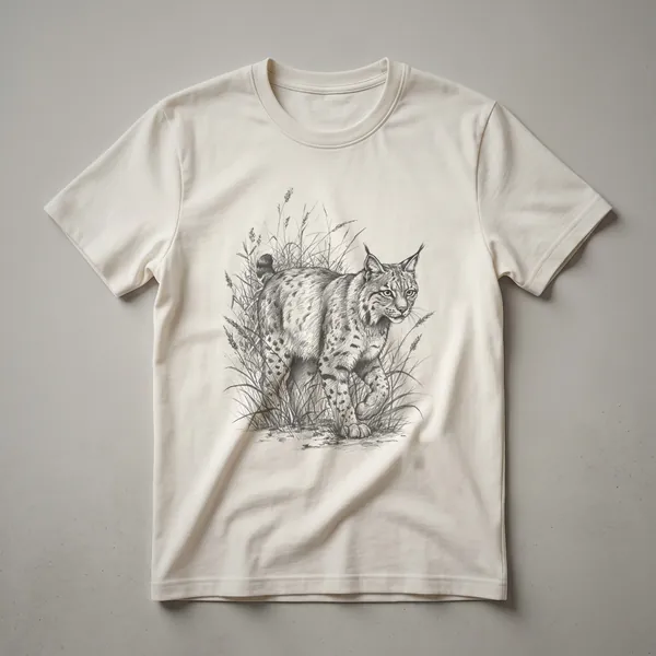 A vintage-style graphic t-shirt featuring a hand-drawn illustration of a bobcat in a forest setting with trees and foliage.