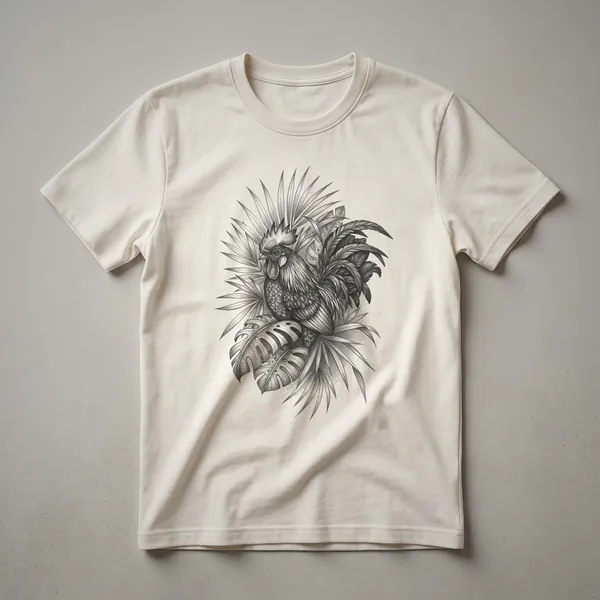 Black and white sketch of an Ayam Cemani chicken on a white t-shirt, showcasing its profile and detailed linework.