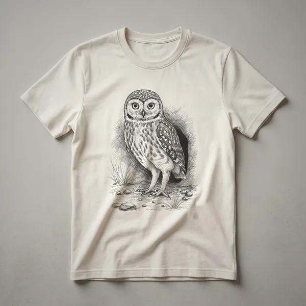 A vintage-style hand-drawn graphic of a burrowing owl, depicted in profile on a t-shirt.